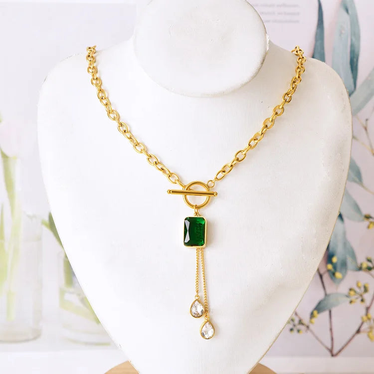 18k Gold Plated Stainless Steel Ot Clasp Pendant Necklace Tarnish Free Gold Emerald Zircon Pendant Necklace Jewelry for Women