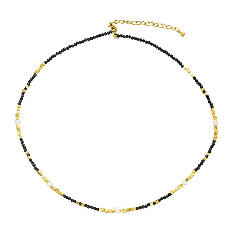 Fashion Boho Latest Design Black Spinel Natural Stone Crystal Beads Jewelry 18k Gold Plated Faced Beads Choker Necklace