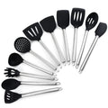 Wholesale 10-Piece Black Durable Silicone Baby Kitchen Utensils Set Stainless Steel Handle Hanging Ring Dishwasher Freezer Safe