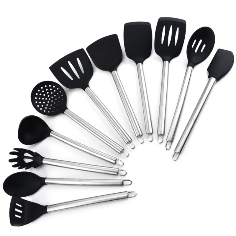 Wholesale 10-Piece Black Durable Silicone Baby Kitchen Utensils Set Stainless Steel Handle Hanging Ring Dishwasher Freezer Safe