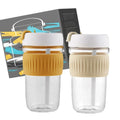 Set of 2 New Arrival 16oz Lead Free Glass Tea Mug With Straw and Leak Proof Cover and Prevent Hot Hands Silicone Sleeve