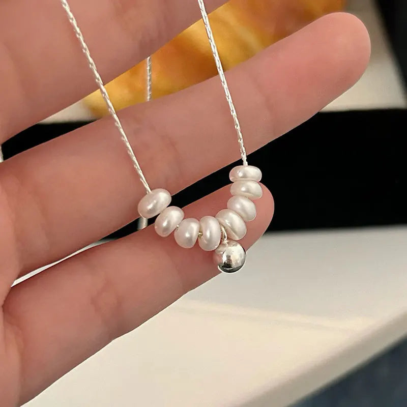 Geometric 925 Sterling Silver Luxury Freshwater Pearl Ball Beaded Necklace for Women Summer Jewelry