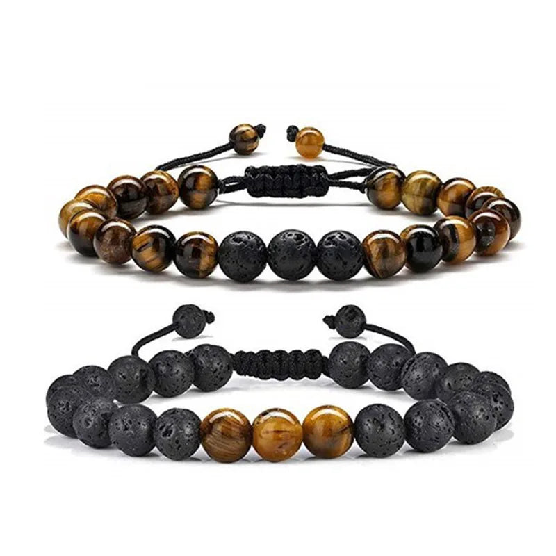 Men's Fashion Crystal Beaded Bracelet Natural Tiger Eye Lava Rock Stones Anxiety Charm Bracelet for Gifts Weddings Plastic
