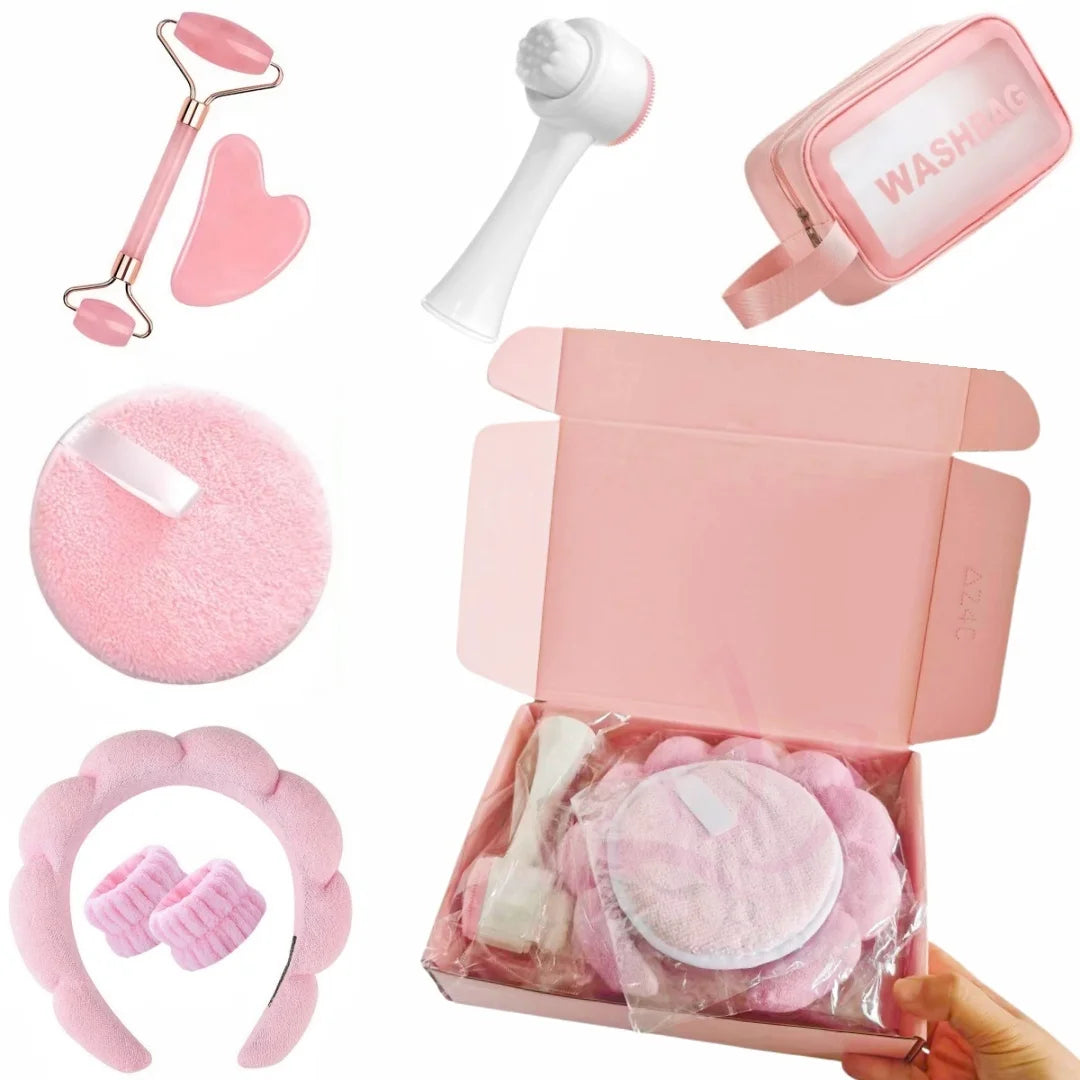 8PCS/Set Facial Massage Wash Headband Cleansing Brush High-end Gift Box Set Massage Rollers and Gua Sha Boards Skincare Set