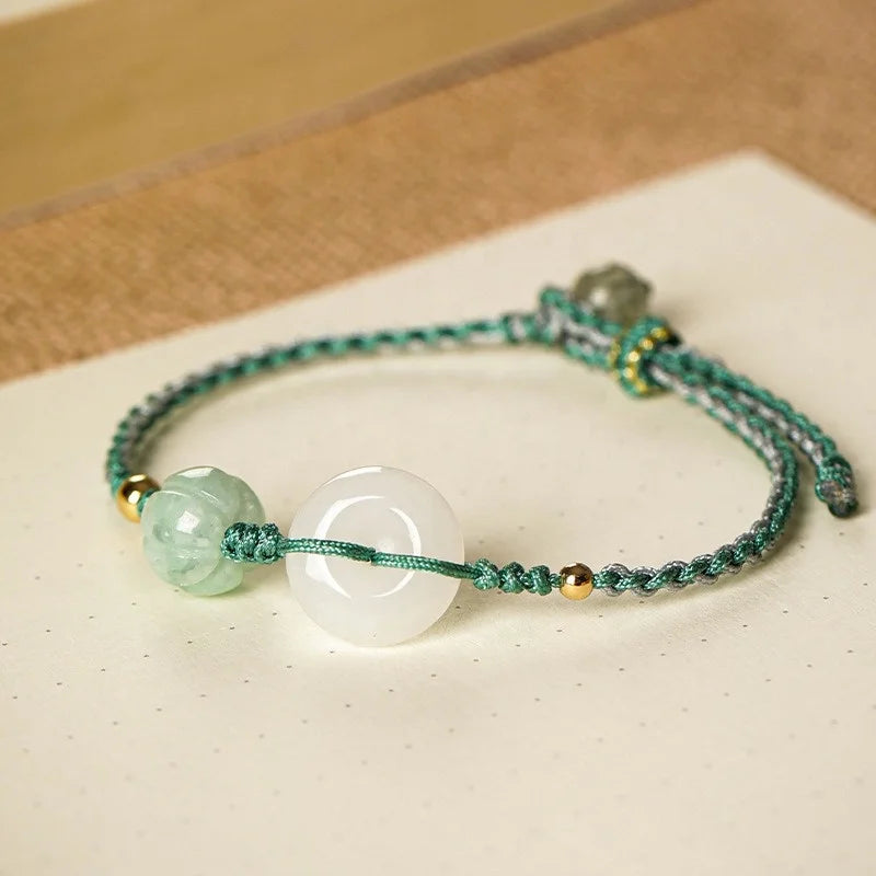 Fine White Jadeite Men Women 16mm Peace Buckle Bead Weave Green Rope Bracelet Luck Happiness Charm Bracelet