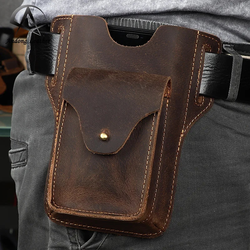 Andong Men Genuine Cow Leather Waist Pack Crazy Horse Leather Phone Purse Wallet Belt Bag