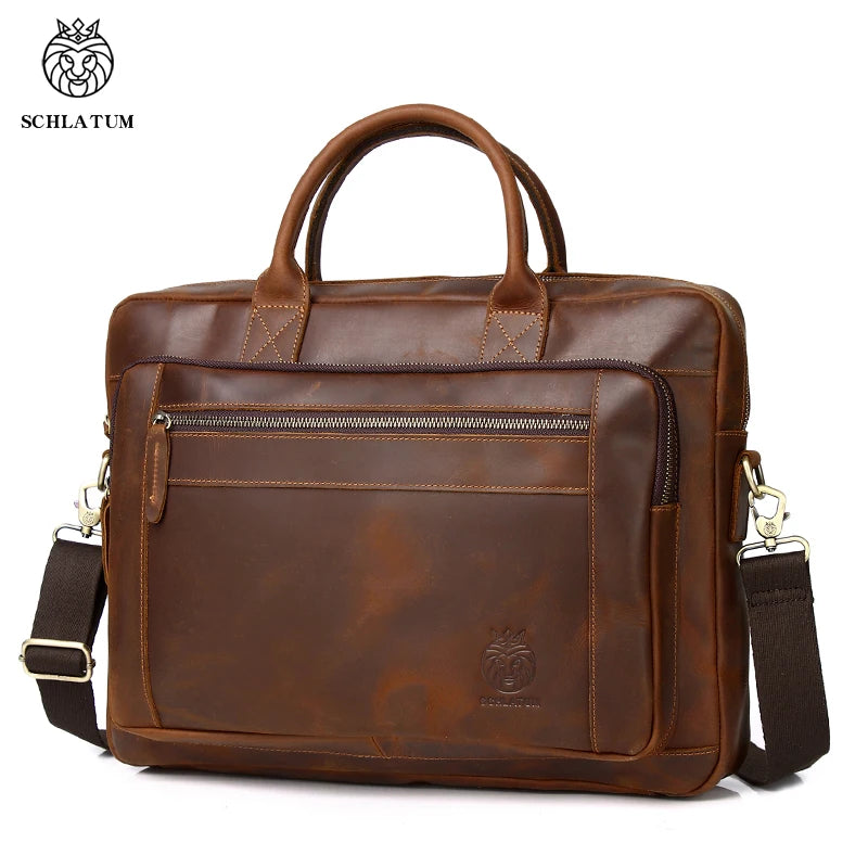 SCHLATUM New Designer Customized Logo Vintage Genuine Leather Men's Office Messenger Tote Laptop Business Bag