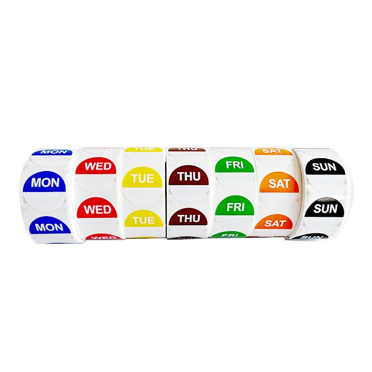 7 Rolls/Set 1 X 1 Inch Dissolvable Removable Day of the Week Monday to Sunday Label Sticker Glossy Finish for Food Promotion