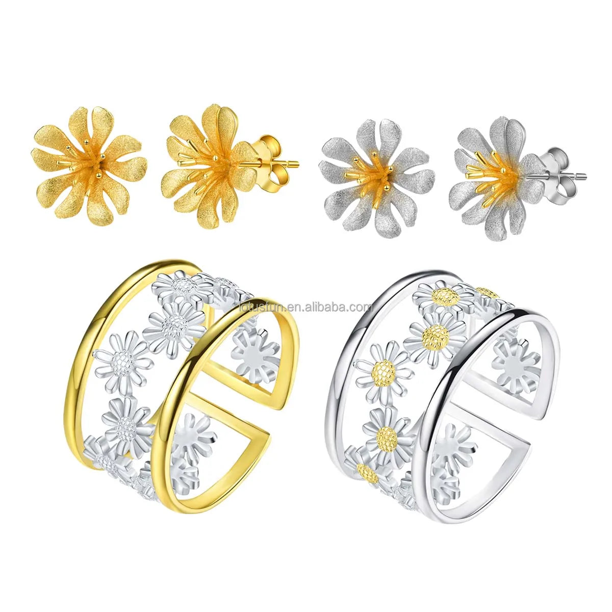 Wholesale Price 925 Sterling Silver Little Daisy Flower Engagement Adjustable  Rings & Stud Earrings for Women Fine Jewelry