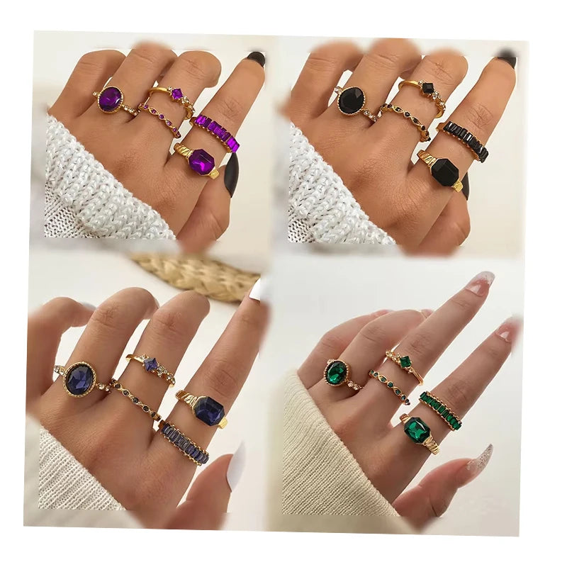 5Pcs/Set Vintage Style Green Blue Zircon Ring Set for Women Jewelry