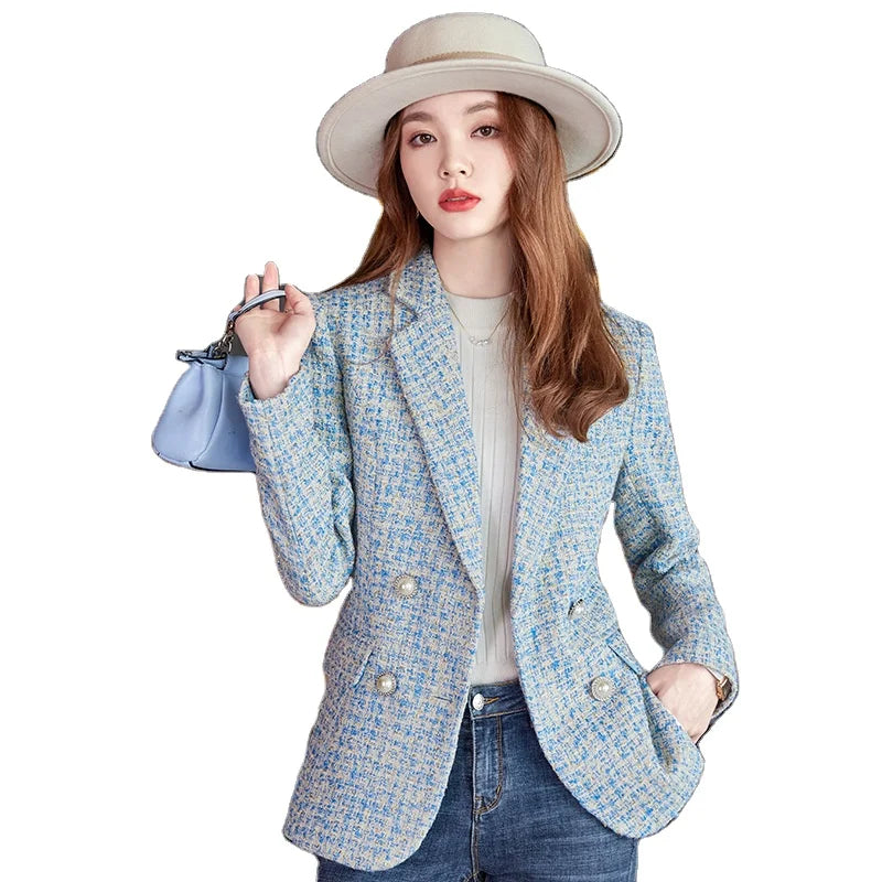 M-3XL Small Fragrant Wind Coarse Tweed Suit Coat Korean Version Elegant and High-end Double Breasted Suit Top