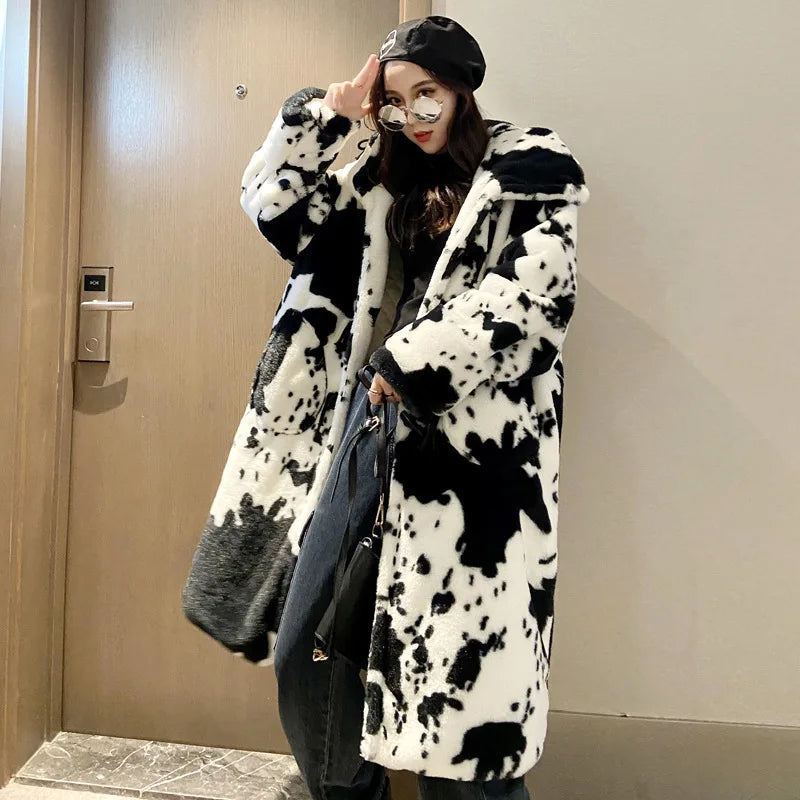 Winter Parka Jacket Faux Fur Women Thickened Cow Pattern Hooded Fur Coat Lengthened Oversize Overcoat  Homme Casual S-XL Size