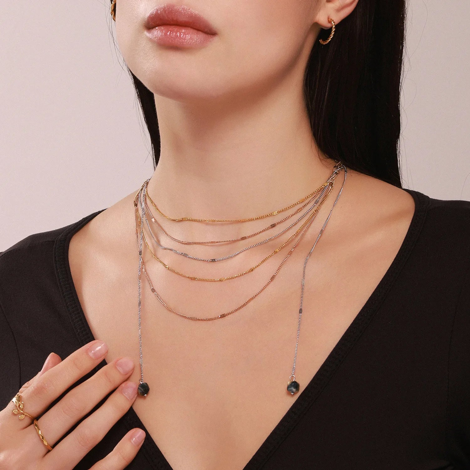 New Stainless Steel Multilayer Necklace Stack Link Chain Natural Stone Pendant Gold Plated Tassel Necklace for Women
