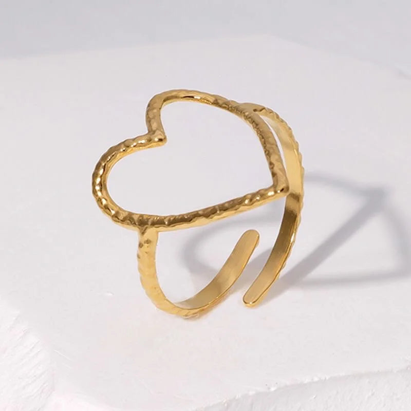 Love Heart PVD Gold Plated Open Resizable Ring Fashion Jewelry Rings for Women Men