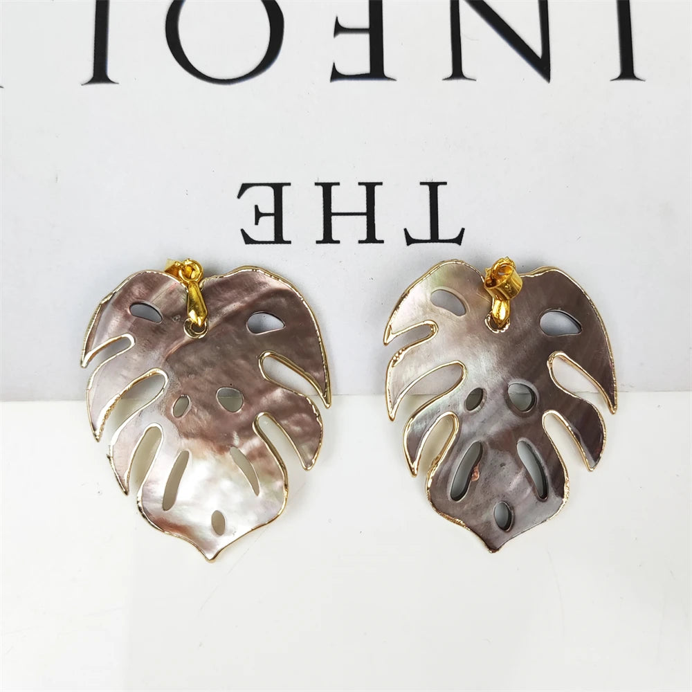 Hawaiian Jewelry High Quality Natural Mother of Pearl Earring Necklace Carving Gold Edge Leaf Shaped Shell Pendant for Women