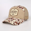 Factory Custom Mens Outdoor 7 Panel Polyester Woven Patch Logo Camo Mesh Cap Trucker Hat