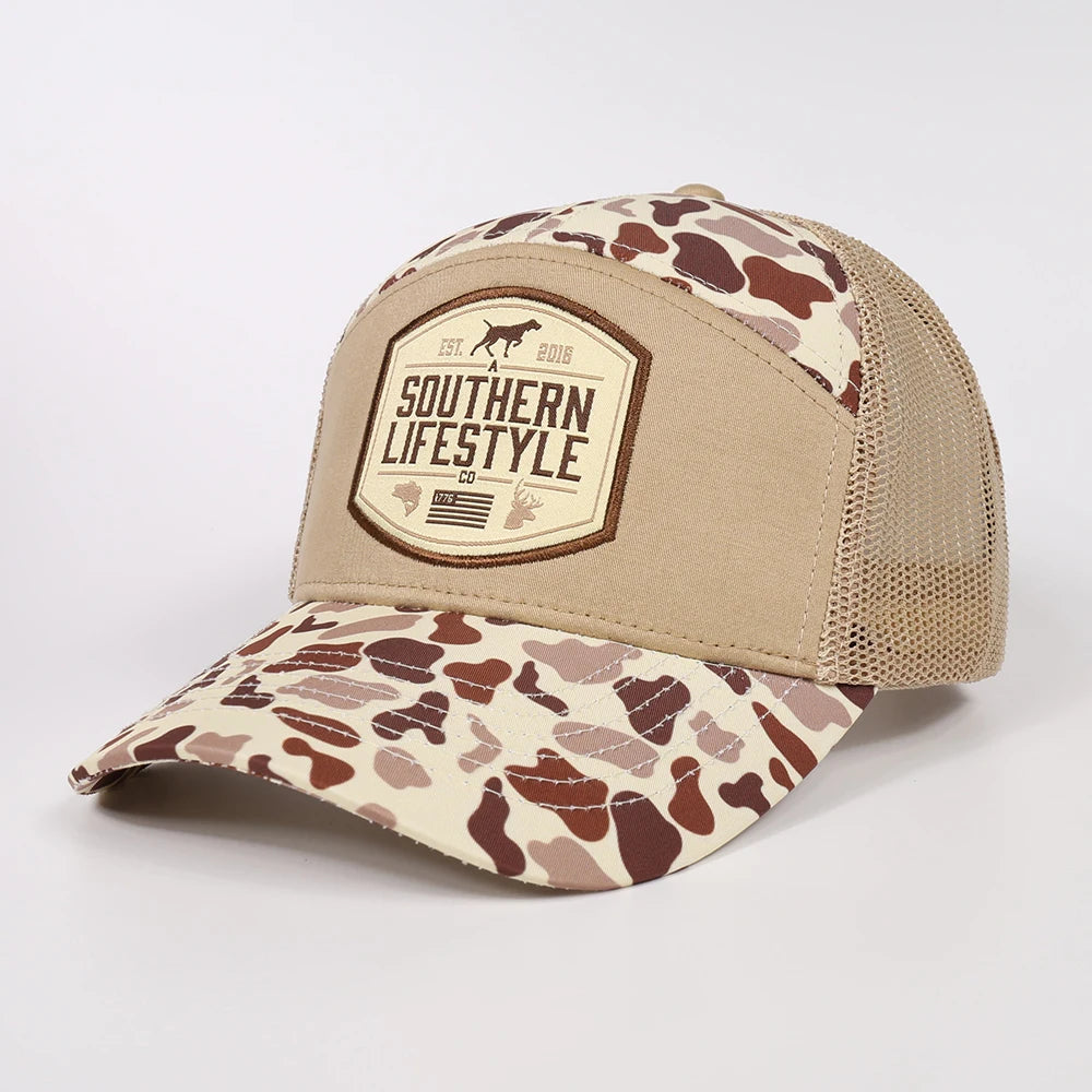 Factory Custom Mens Outdoor 7 Panel Polyester Woven Patch Logo Camo Mesh Cap Trucker Hat