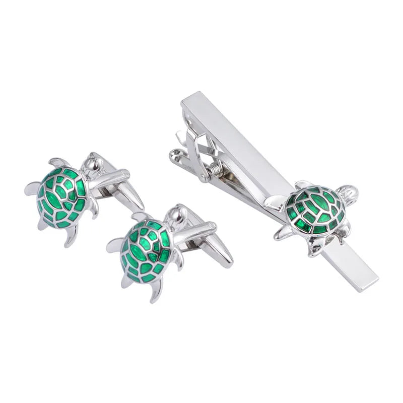 Wholesale Green Black Turtle Novelty Cufflinks Tie Clip Gift Set Custom Mens Suit Shirt Fashion Accessory Wedding Tuxedo Jewelry