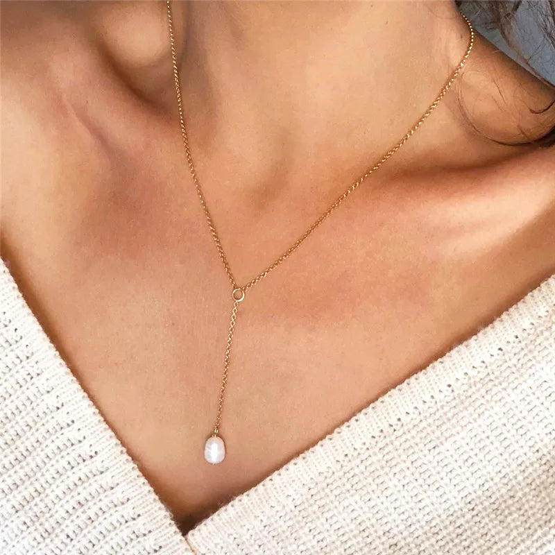 GN124 Baroque Pearl Pendant 14K Gold Filled Jewelry Y Shape Pendant Handmade Boho Necklace