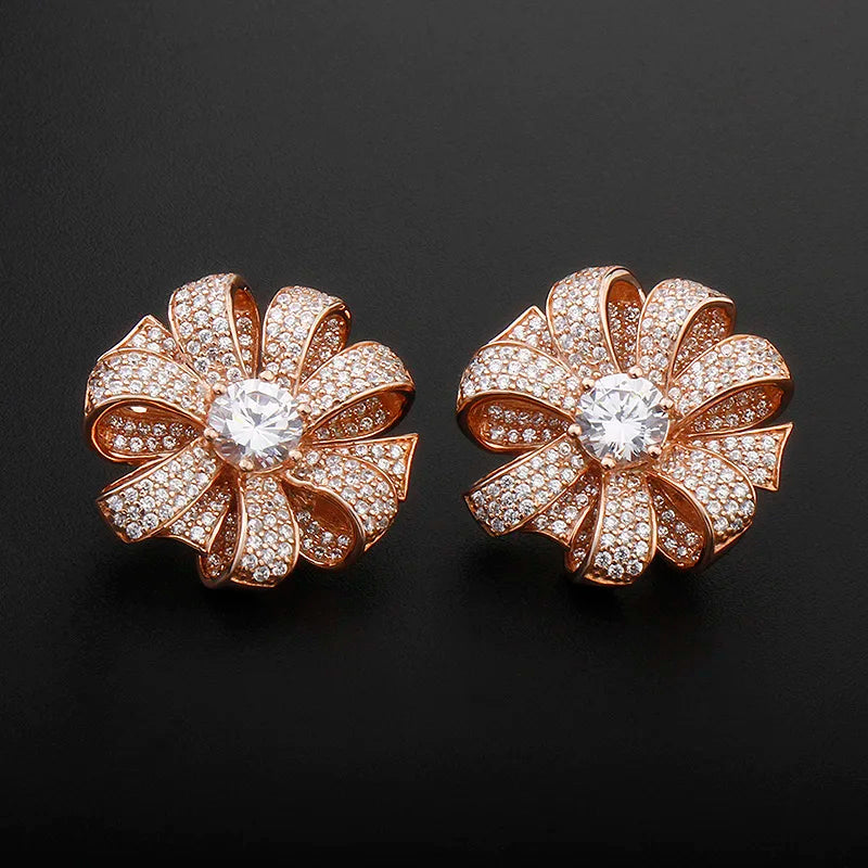 Exquisite  925 Sterling Silver Silk Ribbon Ladies Jewelry Custom Zircon 5a 18k Gold Plated Women Party Casual Studs Earrings