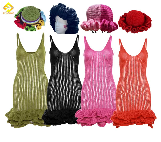 Summer Ruffles Bodycon Dress and Ats Sets for Women Sleeveless Camisole Mini Dress Sexy Hollow Out Knitted Dress With Hats