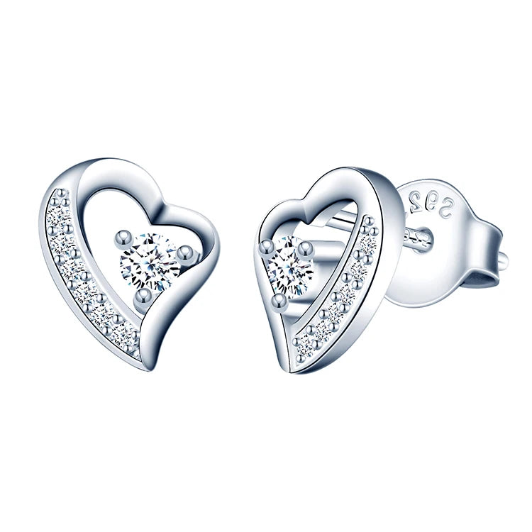 925 Sterling Silver Heart Cz Earrings Asymmetry Hearts Stud Earring Bijou