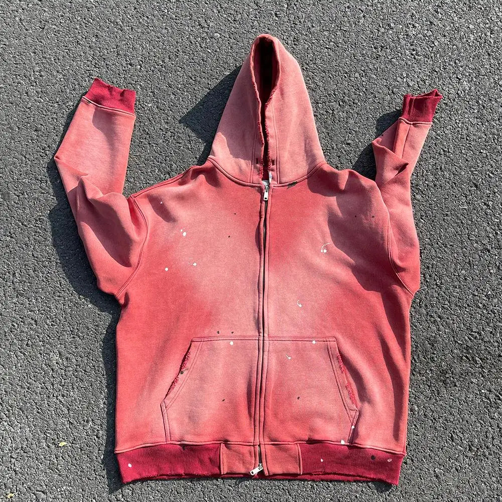 OEM Unisex Vintage Sun Faded Zipper Sweatshirt Custom Men Oversize Crop Full Zip up Acid Sand Wash Heavyweight Distressed Hoodie