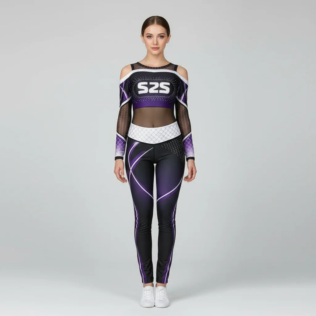 Wholesale Custom Female Cheerleading Uniform Set Printed Polyester and Spandex Top with Rhinestones OEM Design Leggings