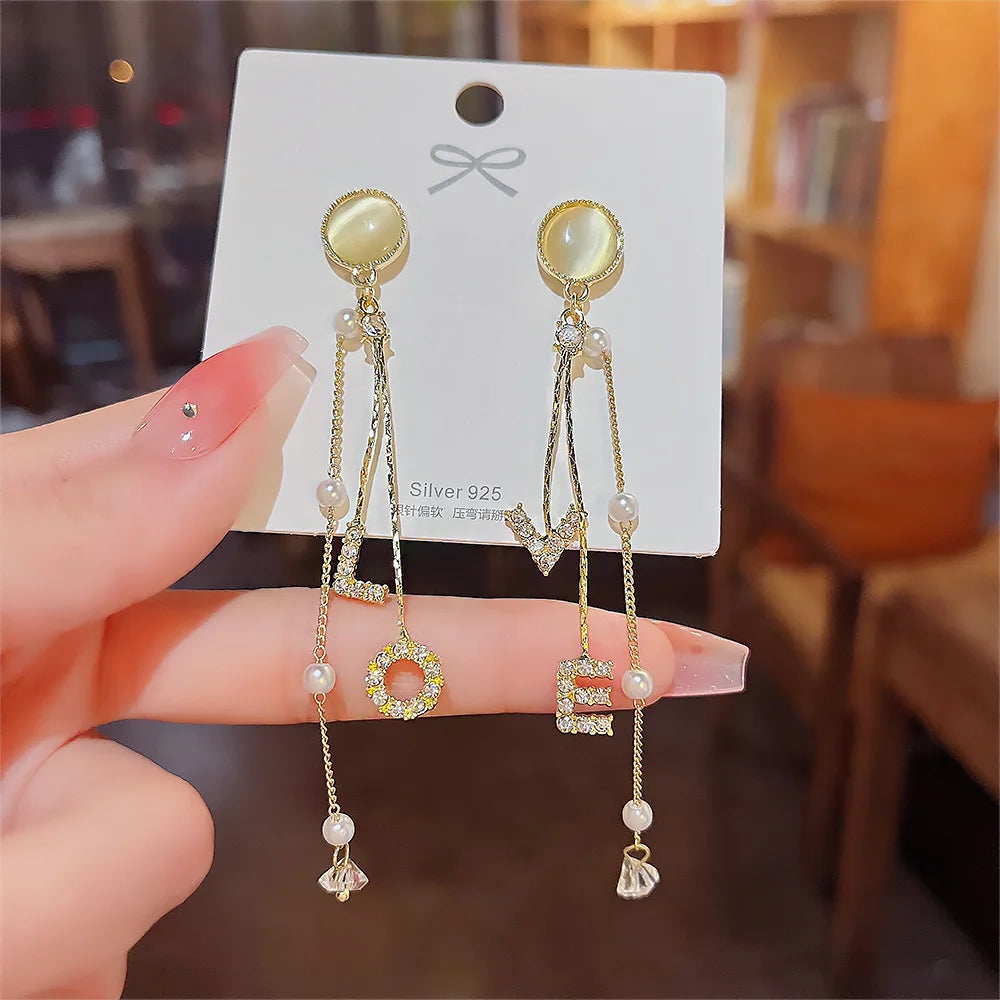 Rinhoo New Fashion LOVE Letter Tassel Earrings Personalized Long Earrings Opal Pearl Earrings Silver Needle Jewelry