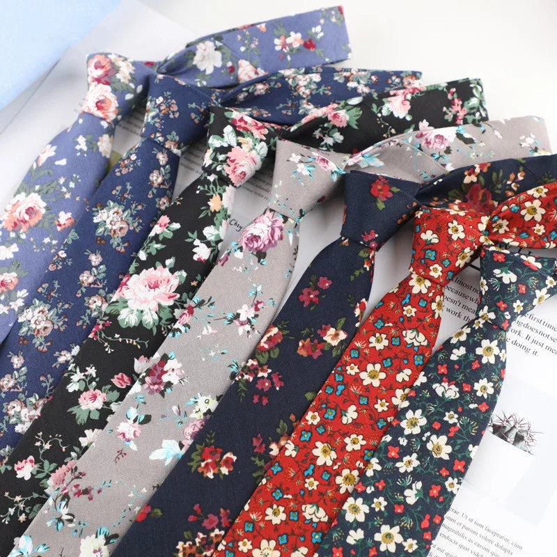 Hot Sale Male Groom Wedding Fashion Casual Floral Skinny Necktie 6cm Width Cotton Flowered Ties for Men
