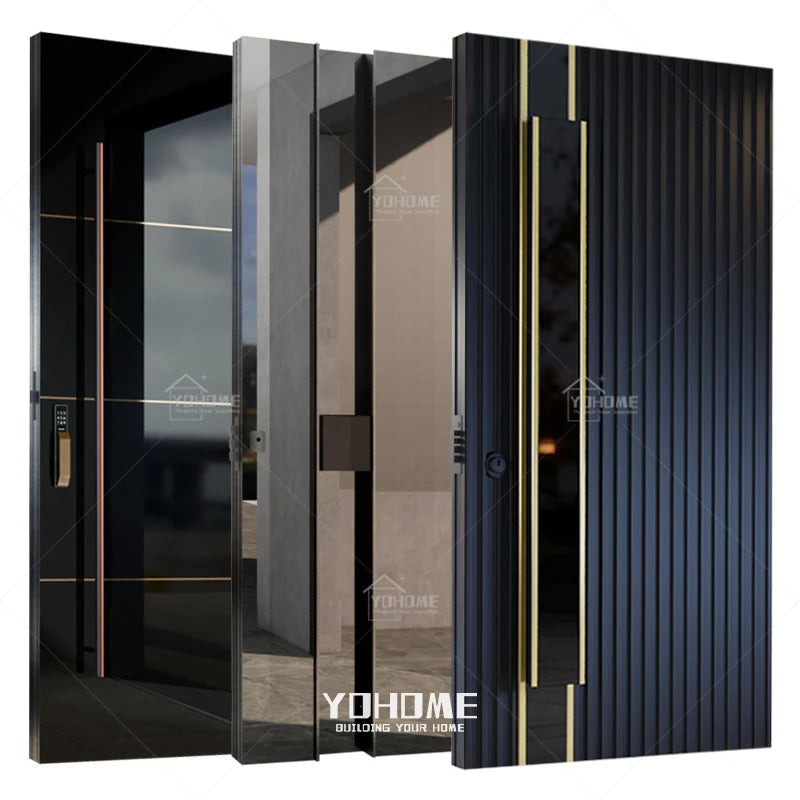 European Modern Black Color Pivot Entry Door Principal Stainless Steel High Gloss Exterior Front Door Black Exterior Door