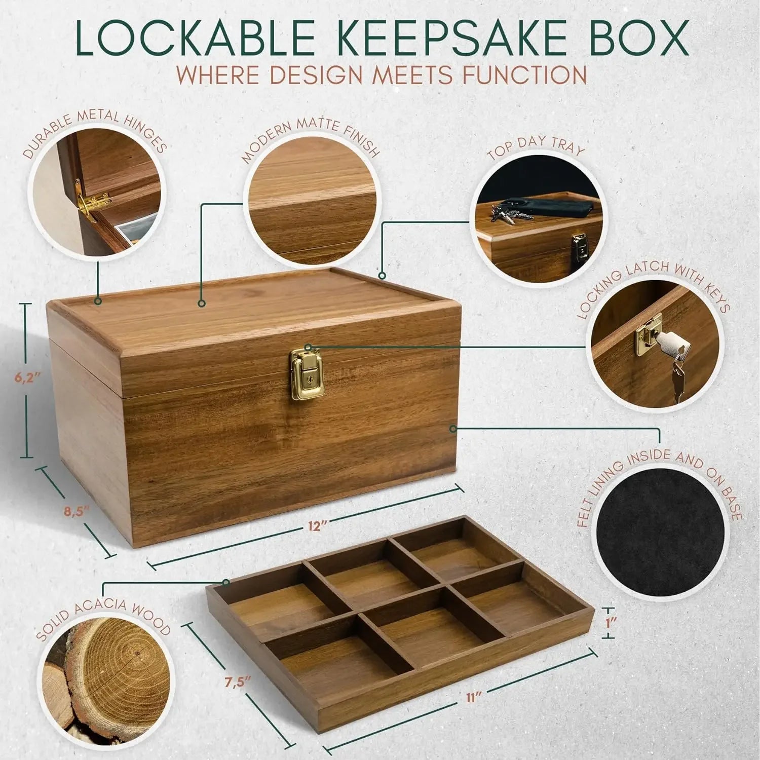 2026 Wood Storage Box Wooden Keepsake Box Customizable Design With Adjustable Tray and Divider