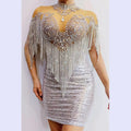 Silver Rhinestone Tassel Birthday Wedding Party Celebration Bodycon Dress Ladies Plus Size Club Outfit Short Prom Cocktail Dress
