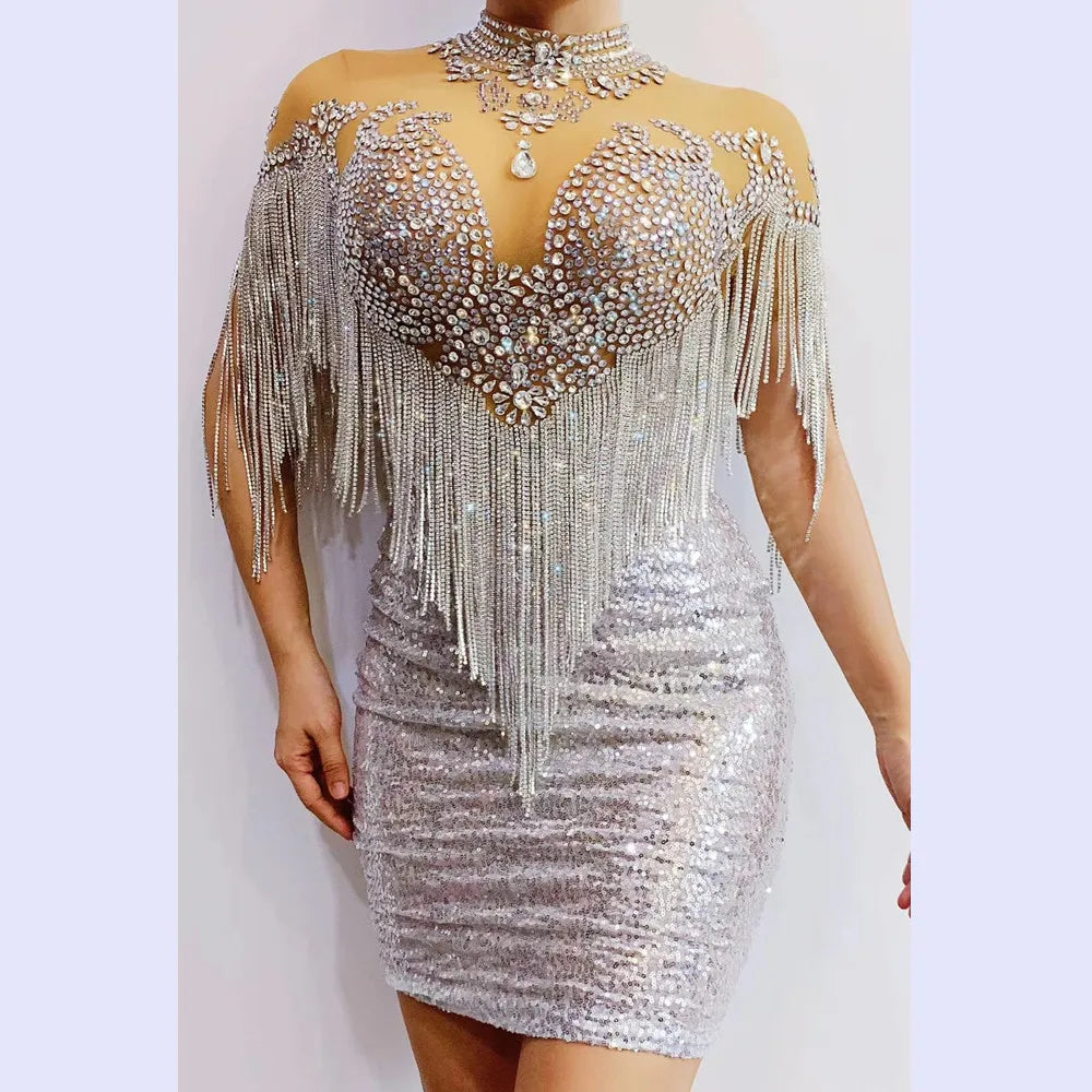 Silver Rhinestone Tassel Birthday Wedding Party Celebration Bodycon Dress Ladies Plus Size Club Outfit Short Prom Cocktail Dress