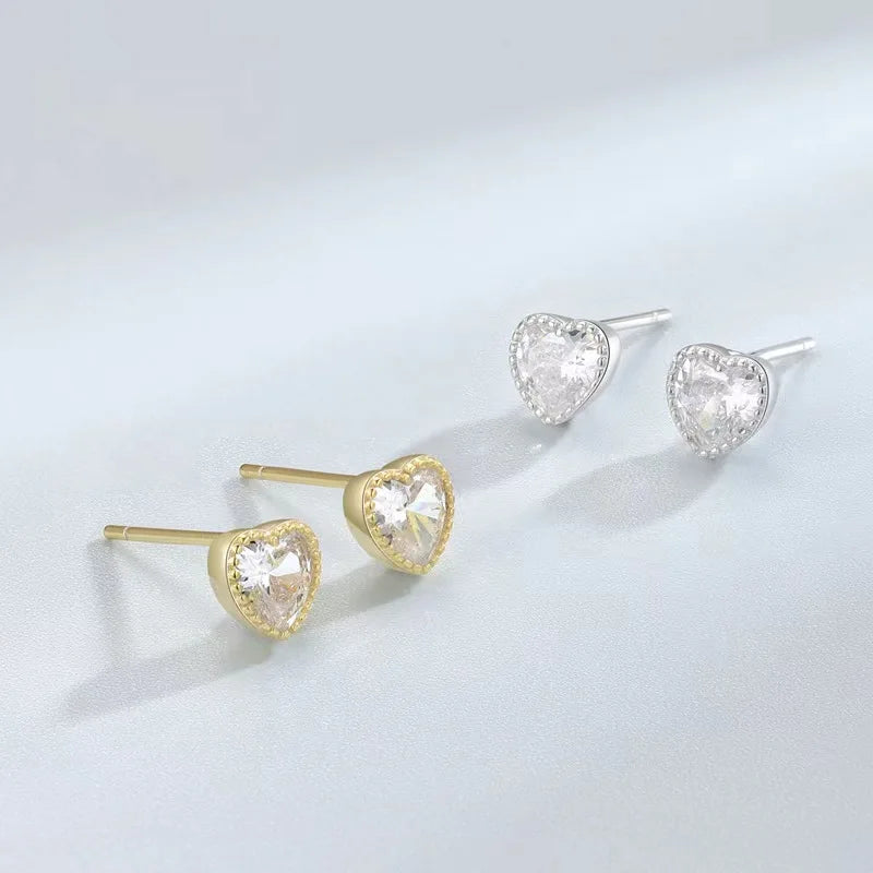 2022 New Korean Fashion Jewelry Heart Shape 925 Sterling Silver Diamond Stud Earrings