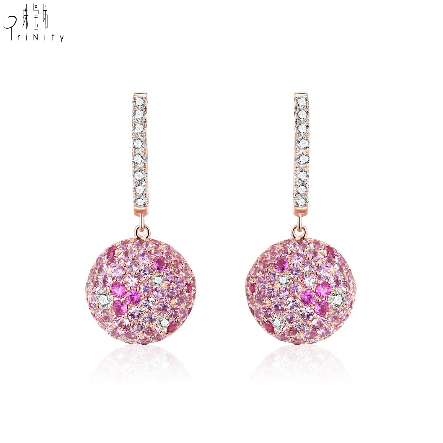 Luxury Elegant 18K Rose Gold Real Natural Diamond Cluster Pink Sapphire Drop Earrings for Women Elegant Diamond Jewelry