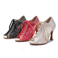 Ladies Jazz Short Boots Lace-up Dance Boots Rhinestone High-heeled Soft-Soled Latin Dance Shoes