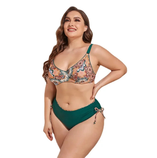 2022 Women Plus Size High Waisted Split Swimwear Fashion Printed Two Piece Bikini Swimsuit