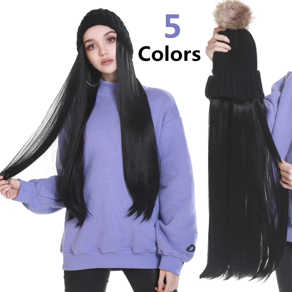 SARLA Vendors 28 Inch Natural Synthetic Long Straight Hair Extensions Hat Falls Beanie Wig  Hats  for Women Winter