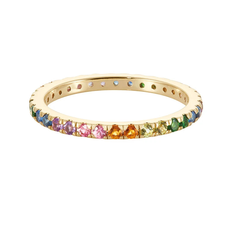 Gemnel Hot Selling 925 Silver 18k Gold Vermeil rainbow Diamond Thin Eternity Band Bridal Ring
