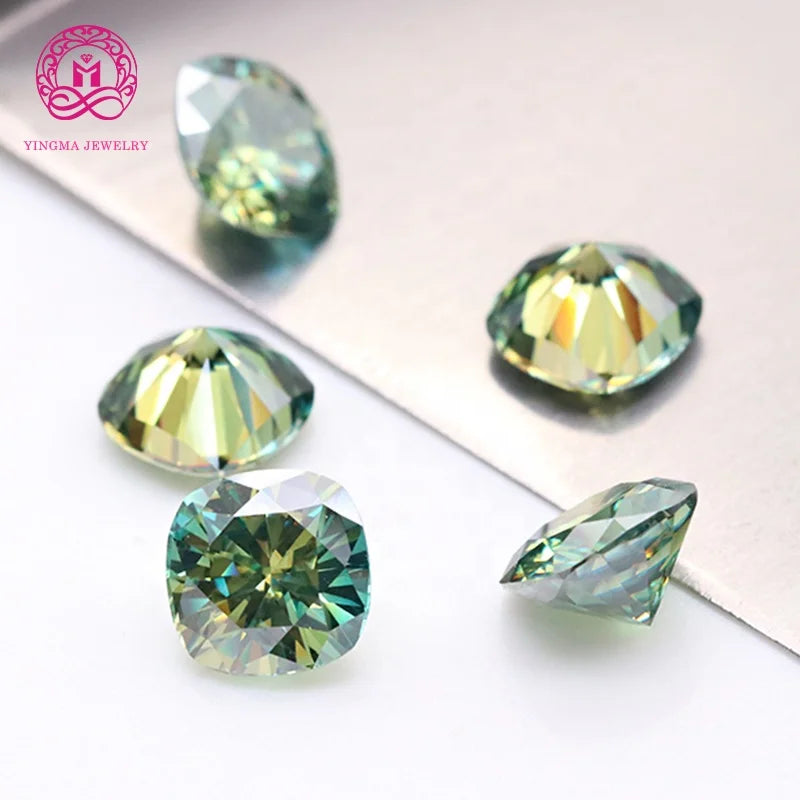 Lab Grown Loose Moissanite Gemstone GRA Certified Shinning 1 Carat 2ct 3ct Cushion Cut Green Moissanite for Jewelry Making