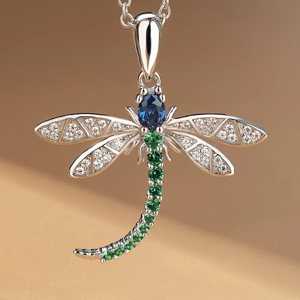 Huitan Hot Sale Multicolor Stone Necklace 925 Sterling Silver Crystal Cubic Zircon Insects Pendant Necklace for Women