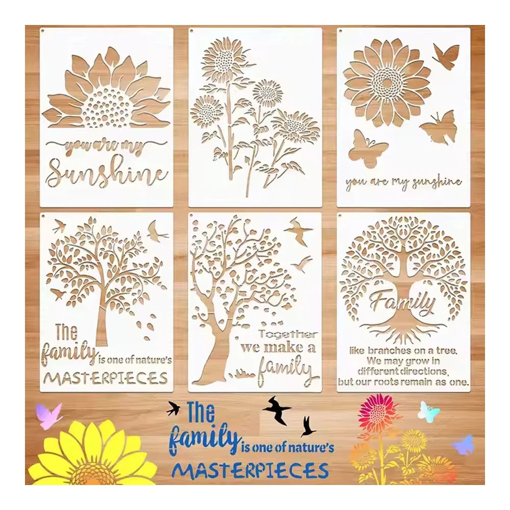 6 Pieces Sunflower and Tree Stencil  Reusable Mylar Template With Metal Open Ring for Painting on Wood Wall Home Decor