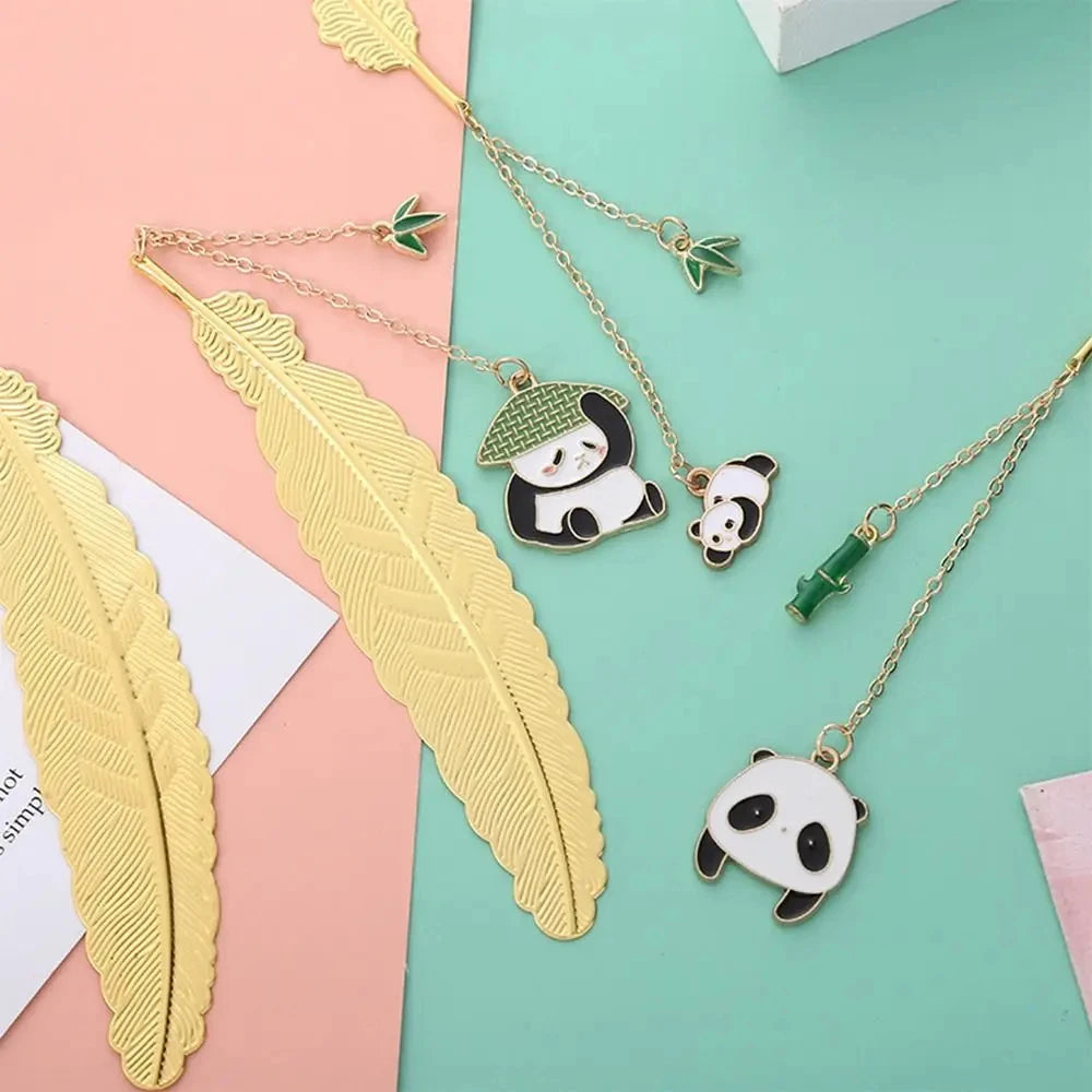 Feather Panda Bookmark Cartoon Double Pendant Metal Book Page Markers Golden Pagination Mark School Office