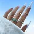 9pcs/set Bohemia Finger Jewelry Crystal Rice Beads Ring Hollow Heart Green Natural Stone Flowers Ring Set Love Finger Ring Set