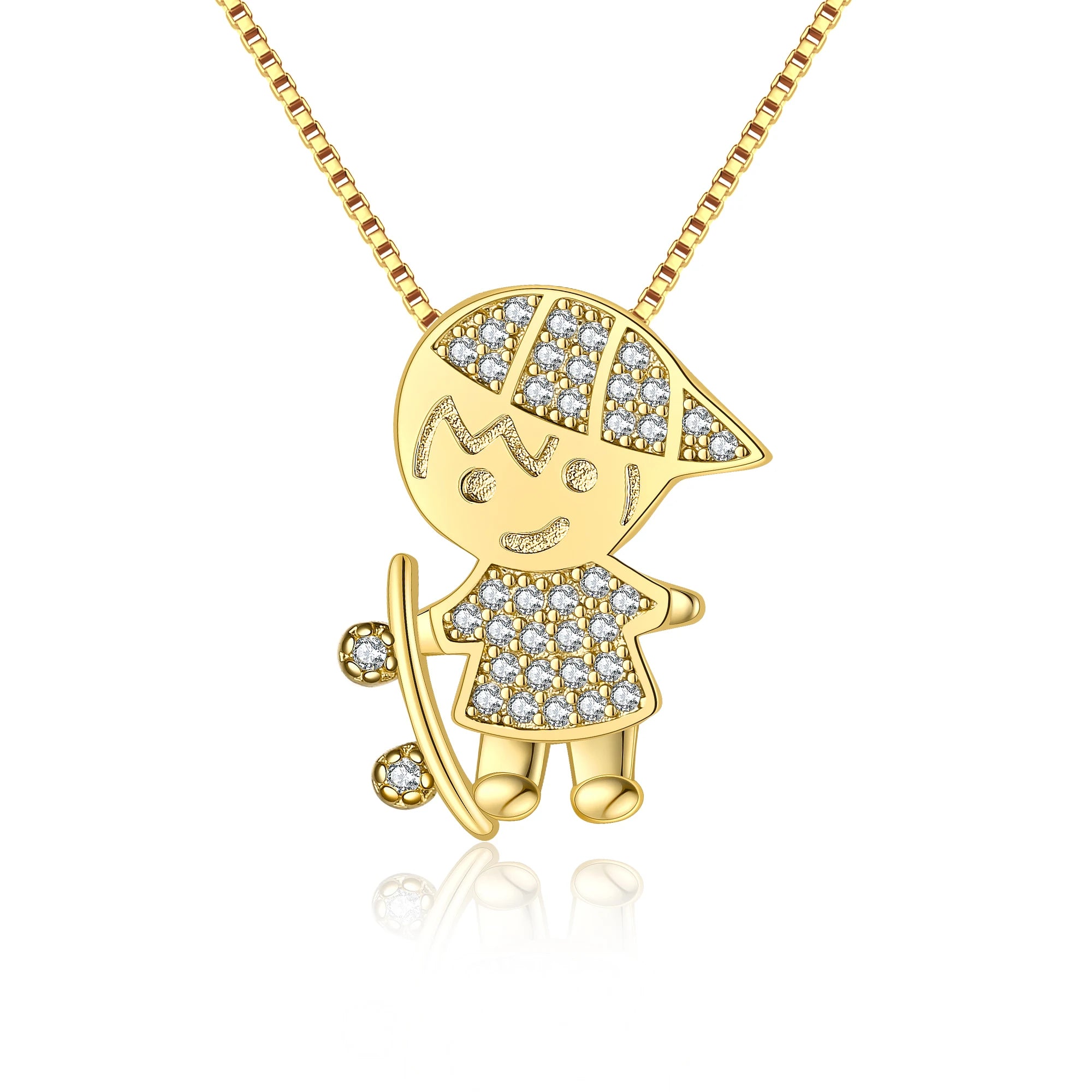 European Fashion Design Trendy Wedding Cubic Zirconia Skateboard Boy Pendant Necklace Gold Plated Brass Box Chain