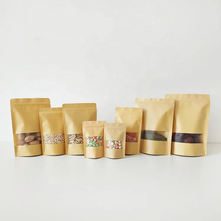 14x20cm Cheap Kraft Paper With Frosted Window Stand up Pouch Top Zip for Food Packaging Bag