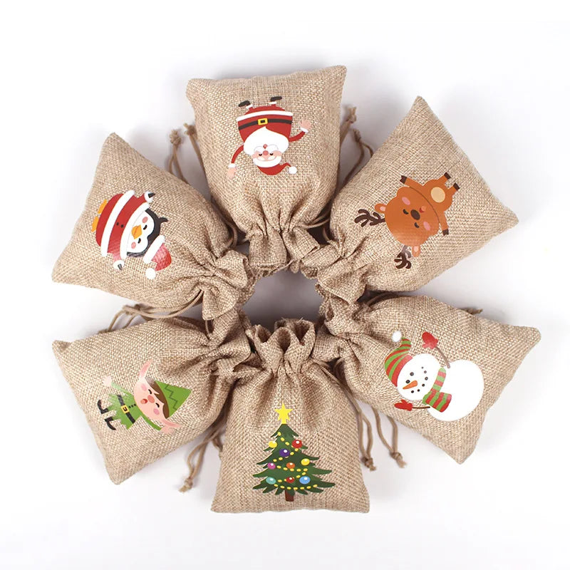New Christmas Burlap Gift Bags Christmas Drawstring Candy Gift Bag Advent Calendar Christmas Set