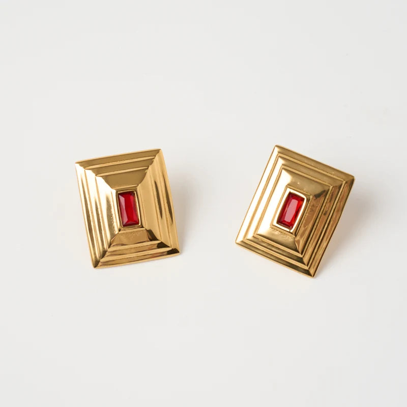 Good Quality Chunky Personality 18K Gold Stainless Steel Square Red Zircon Earrings
