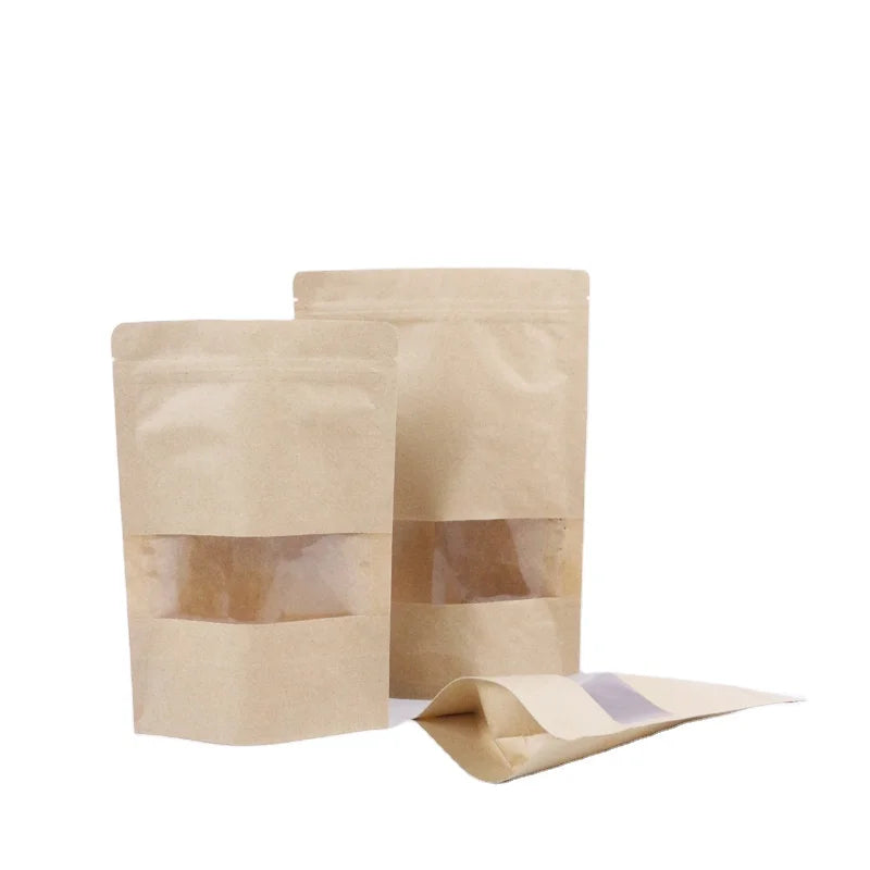 Factory Wholesale Doypack Stand-up Pouch Clear Window Zip Lock Brown Kraft Paper Bag for Tea Snacks Plain Brown Kraft Paper Bag